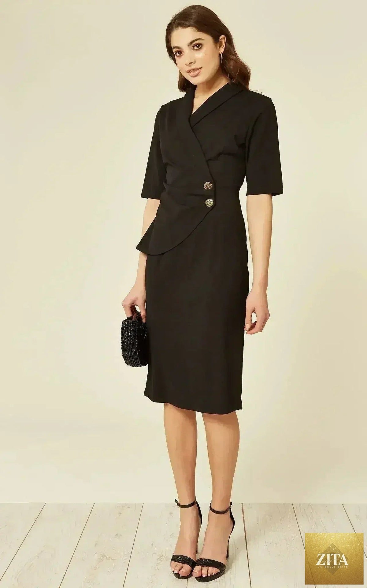 Femstylo Diane Wrap Blazer Dress, stylish black jacket and coat with a tailored fit, perfect for elegant occasions.