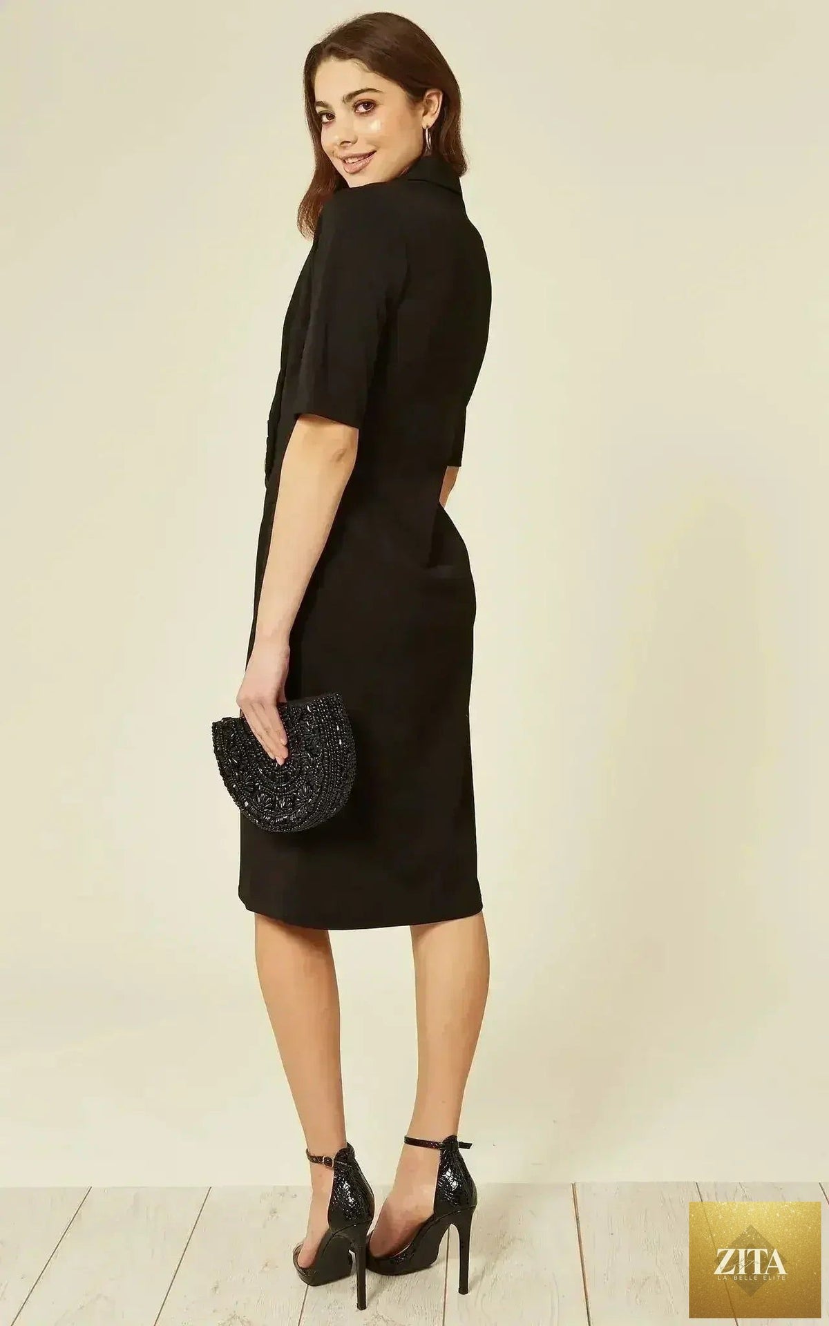 Femstylo Diane Wrap Blazer Dress in black, stylish jacket with tailored fit and lapel collar, perfect for chic occasions.