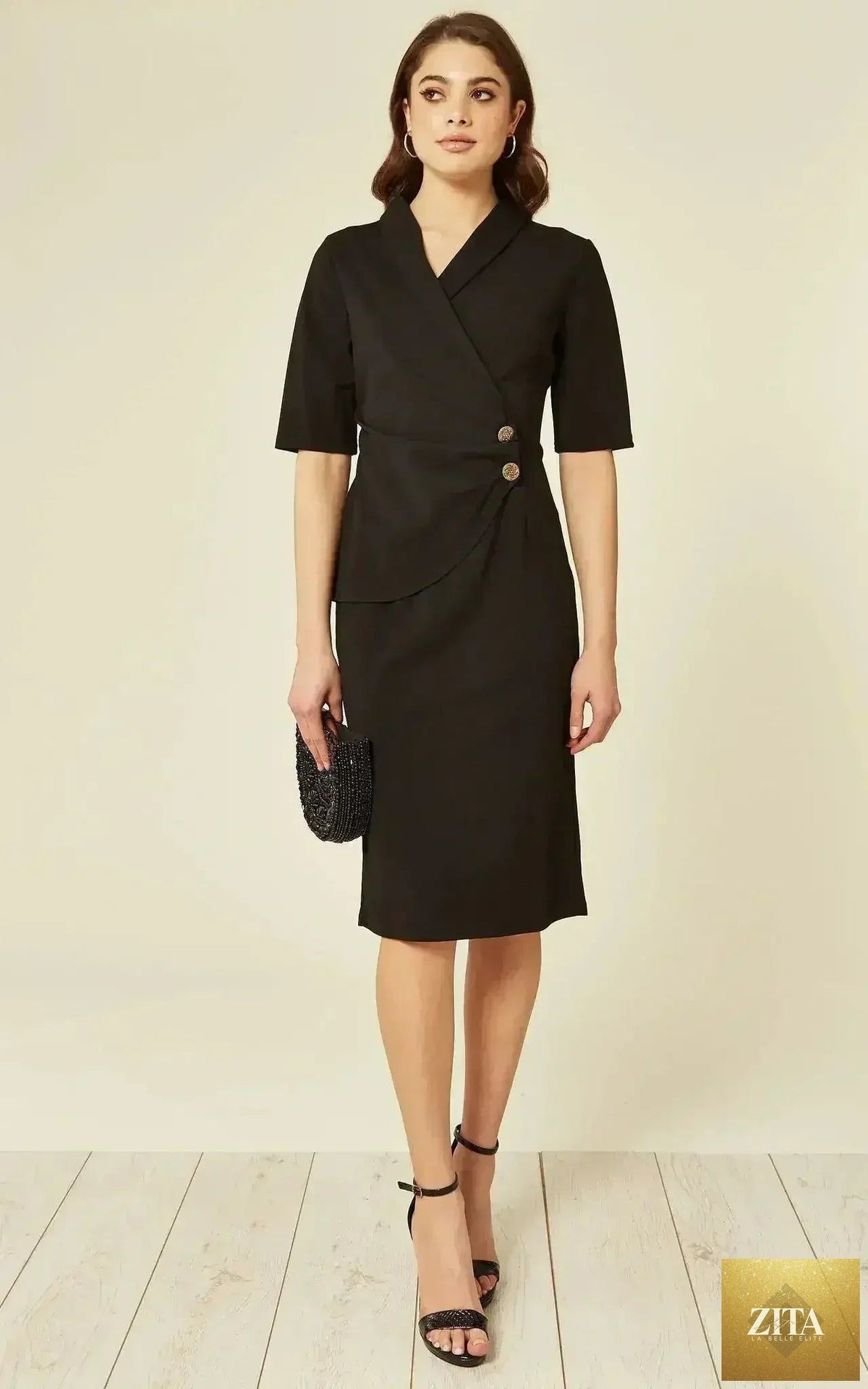 Femstylo Diane Wrap Blazer Dress in black, stylish jacket with tailored fit and elegant design, perfect for formal and casual wear.