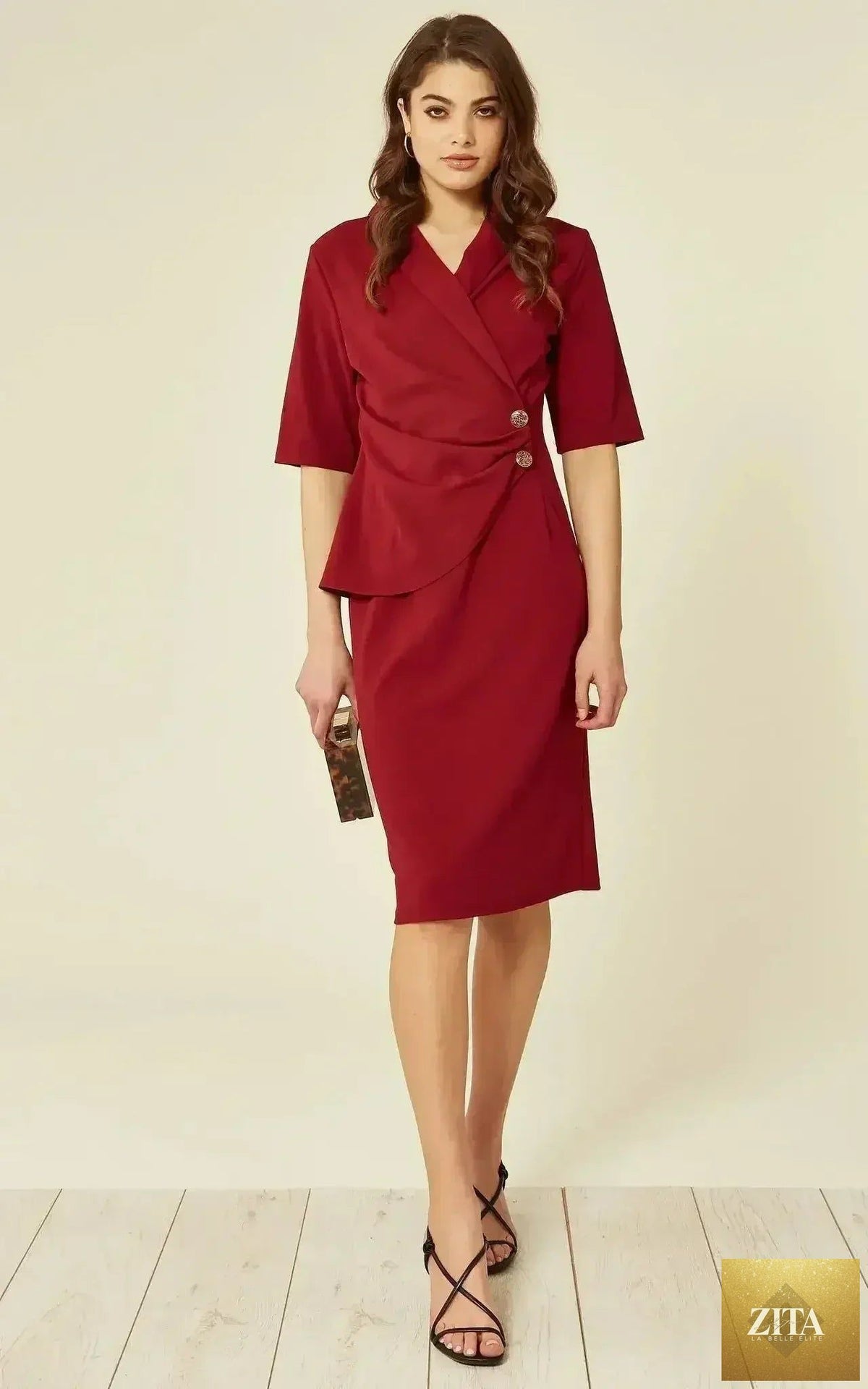 Femstylo Diane Wrap Blazer Dress, stylish brown jacket with tailored fit and lapel collar, displayed on a hanger.
