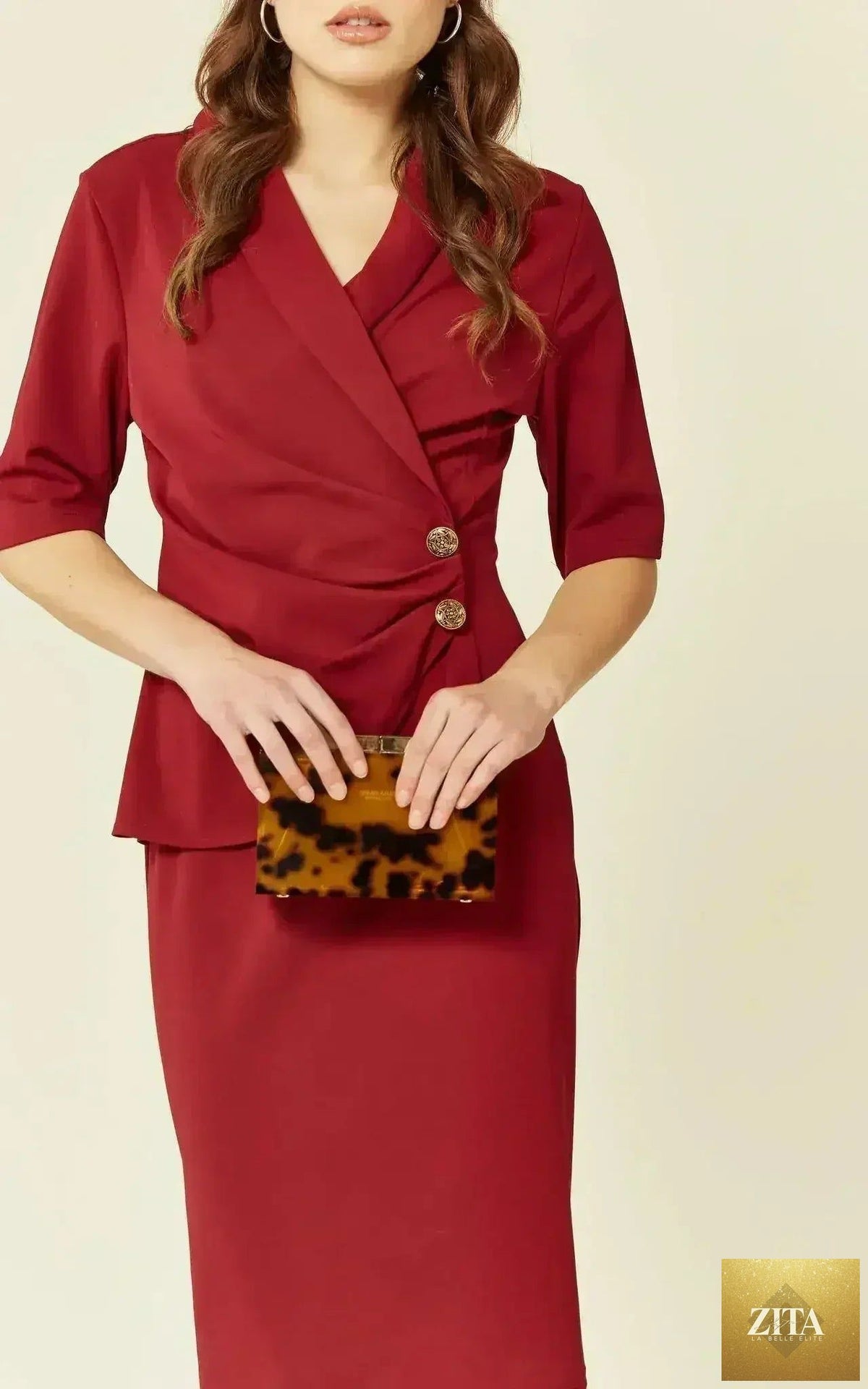 Femstylo Diane Wrap Blazer Dress shown on a model, stylish jacket and coat with a tailored fit in a deep wine color.