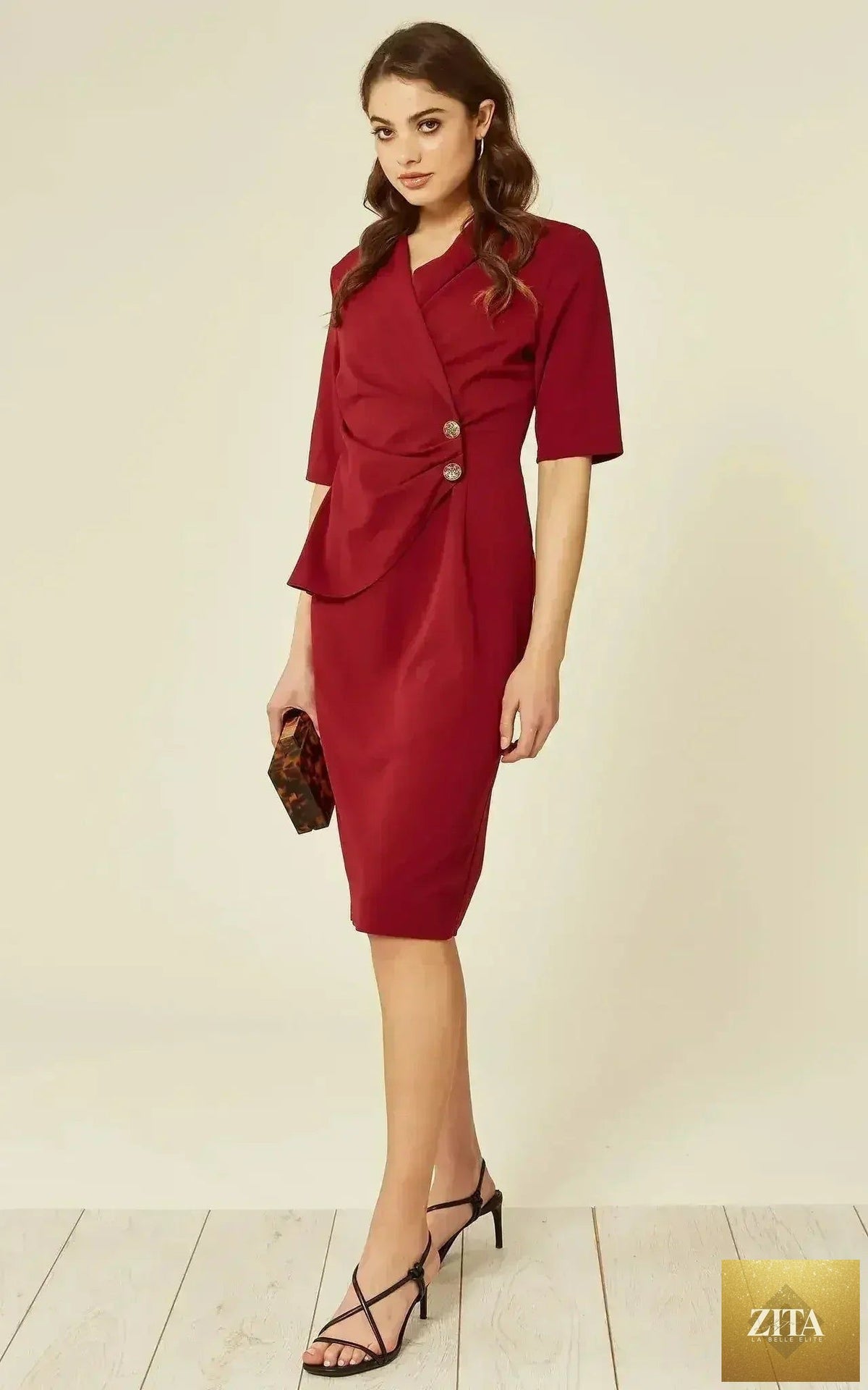 Femstylo Diane Wrap Blazer Dress in wine color, stylish jacket with a wrap design, tailored fit, and long sleeves.