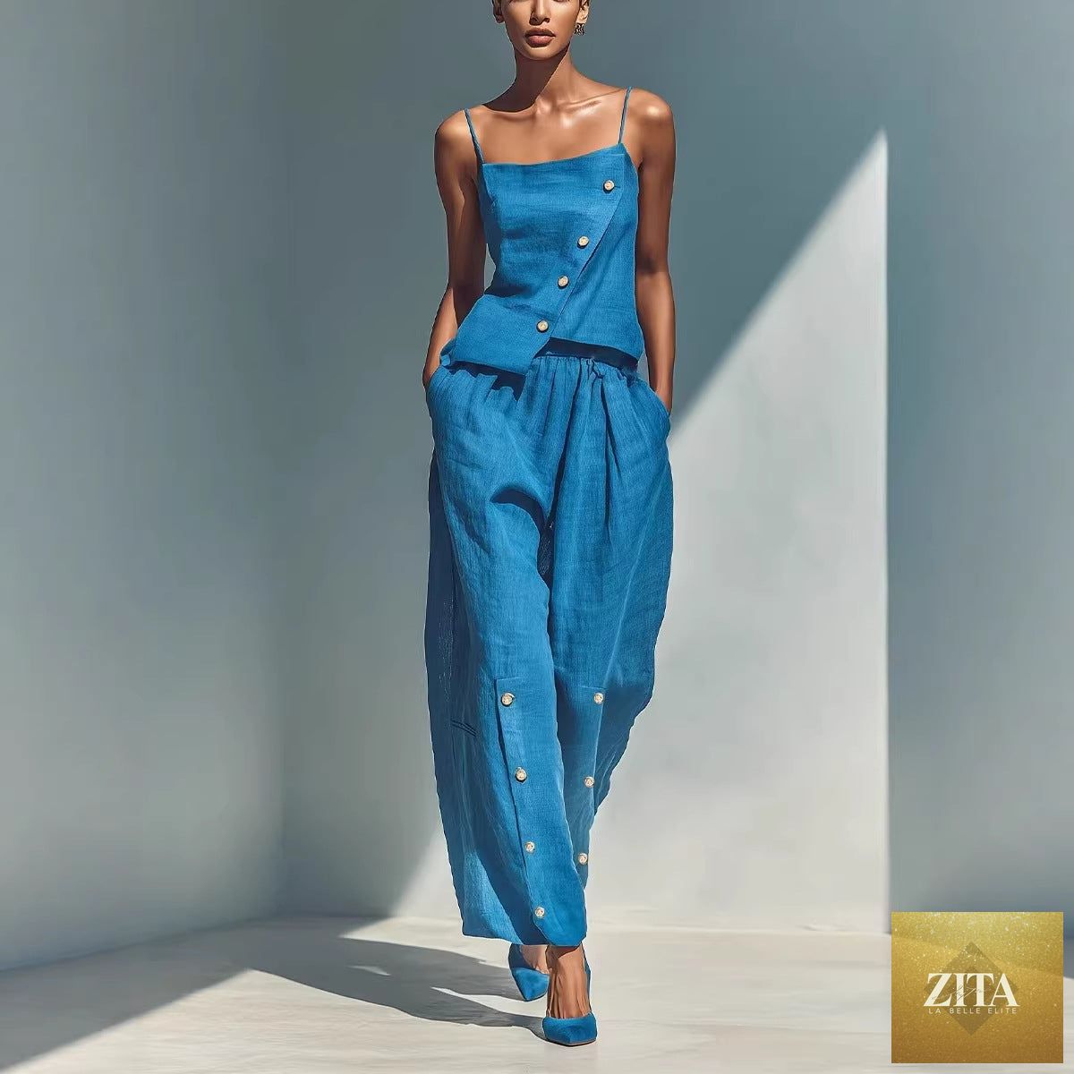 Women's gold-buckle camisole and pants two-piece set by Zita La Belle Elite, casualwear with stylish details and comfortable fit.