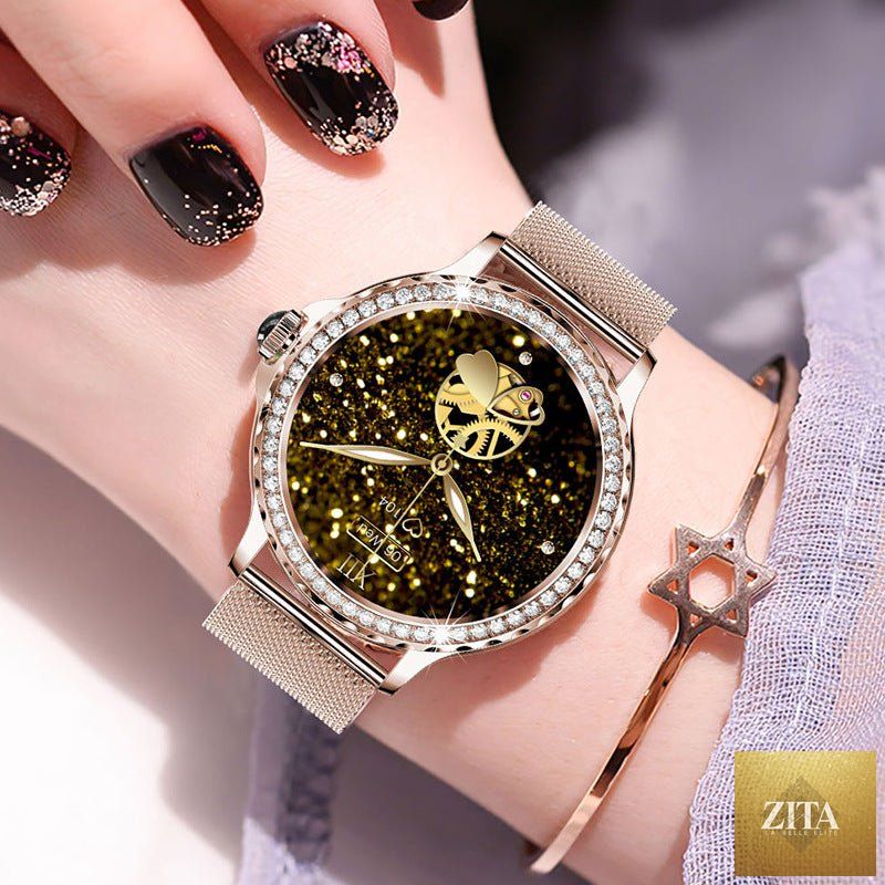 Mandotos waterproof Bluetooth fitness bracelet watch with diamond accents, displaying the watch face and sleek strap design.