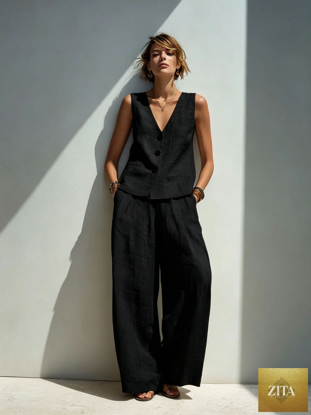 Zita La Belle Elite linen blend V-neck buttoned vest and high-waist wide-leg pants set in five colors, front view.