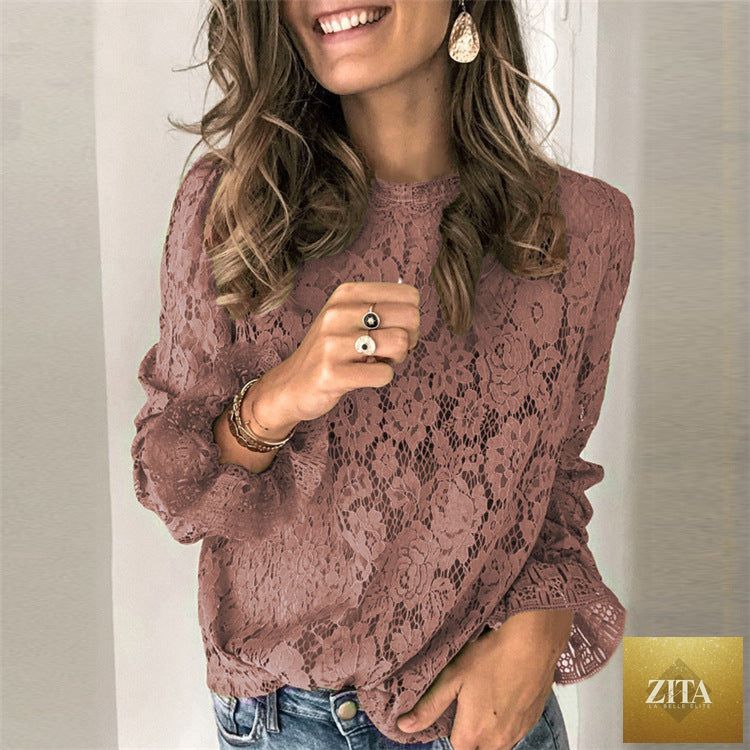 Women's long-sleeve lace splicing top by Zita La Belle Elite featuring intricate hollow lace design and fitted style.