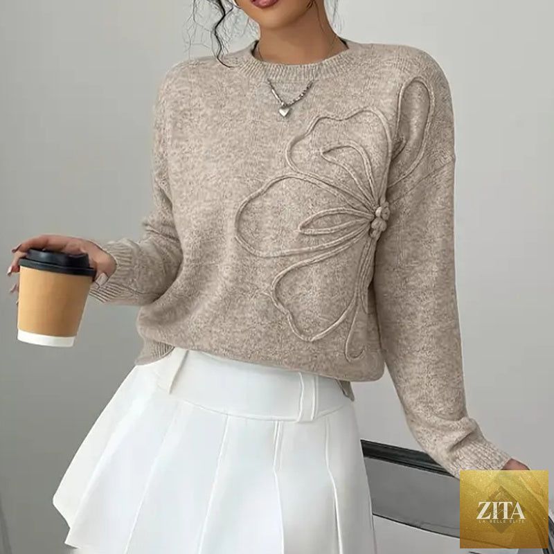 Women's floral sweater by Zita La Belle Elite featuring a crew neck, long sleeves, and elegant casual floral design.