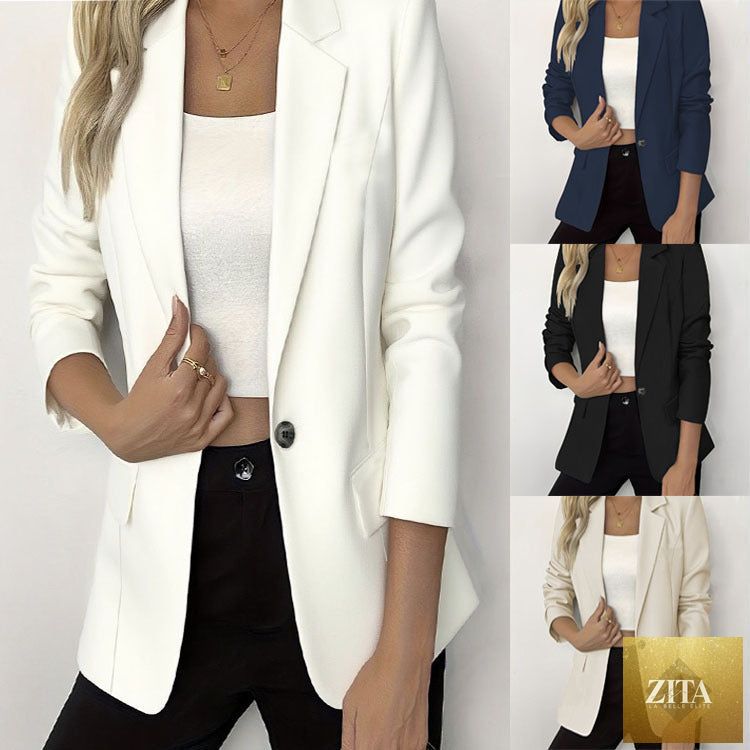 FitiqueFit long-sleeve single-button casual jacket in four colors, available in sizes S to 3XL, shown in a neutral tone.