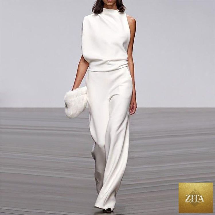 Solid color one-shoulder jumpsuit with pile collar from LadyShow.Store, shown on a model with a stylish, modern design.