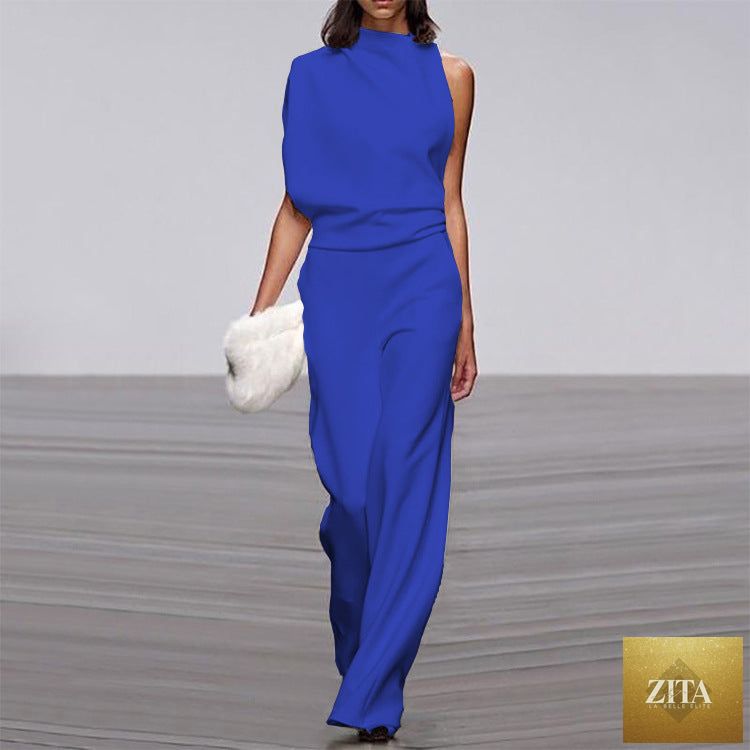 Solid color one-shoulder pile collar jumpsuit from LadyShow.Store, featuring a stylish design and elegant fit.