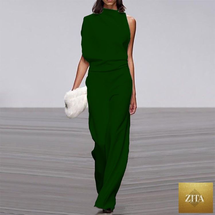 Solid color one-shoulder jumpsuit with pile collar, featuring a stylish design and slim fit, perfect for elegant occasions.