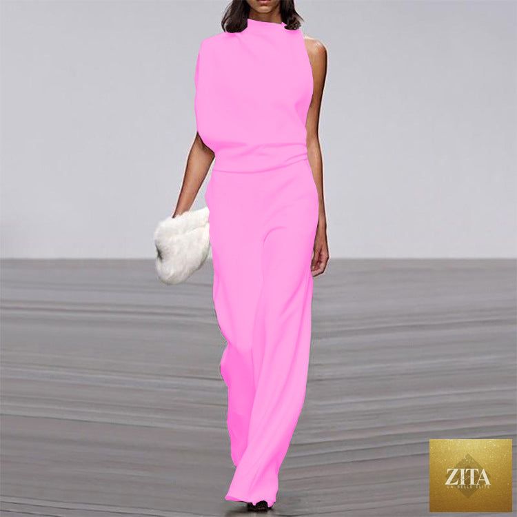Solid color one-shoulder pile collar jumpsuit from LadyShow.Store, featuring a stylish design and elegant silhouette.