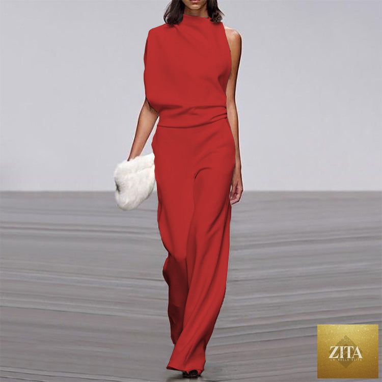 Solid color one-shoulder pile collar jumpsuit from LadyShow.Store, featuring a stylish design and sleek silhouette.
