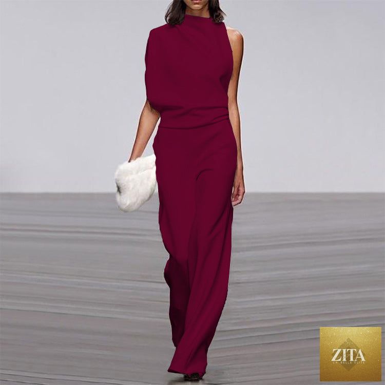 Solid color one-shoulder jumpsuit with pile collar, featuring a stylish design and sleek fit, perfect for elegant occasions.