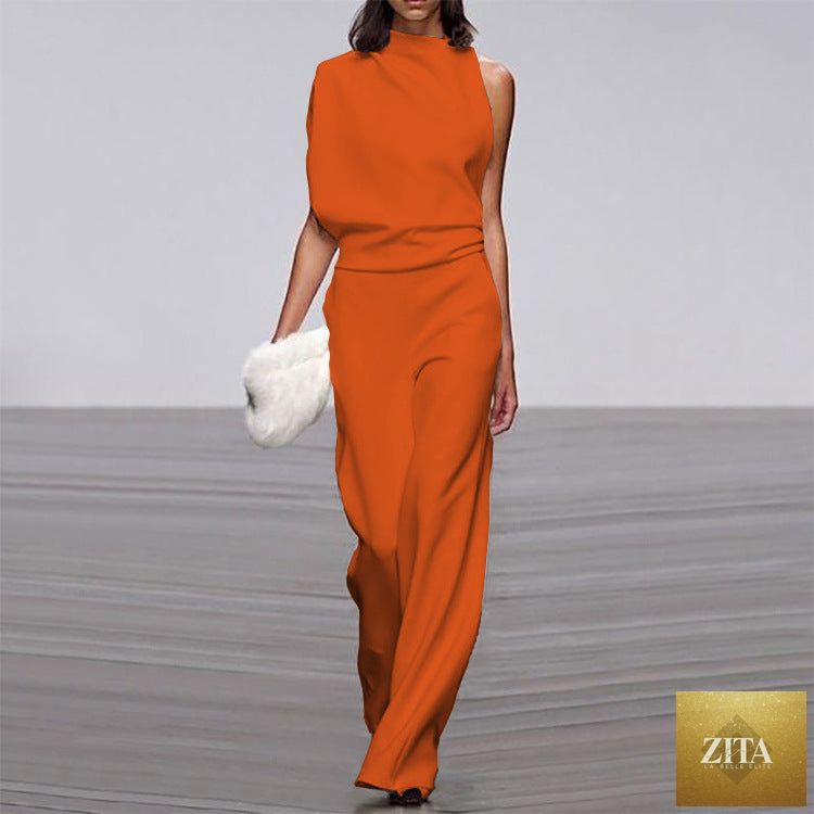 Solid color one-shoulder jumpsuit with pile collar from LadyShow.Store, showcasing its stylish design and elegant fit.