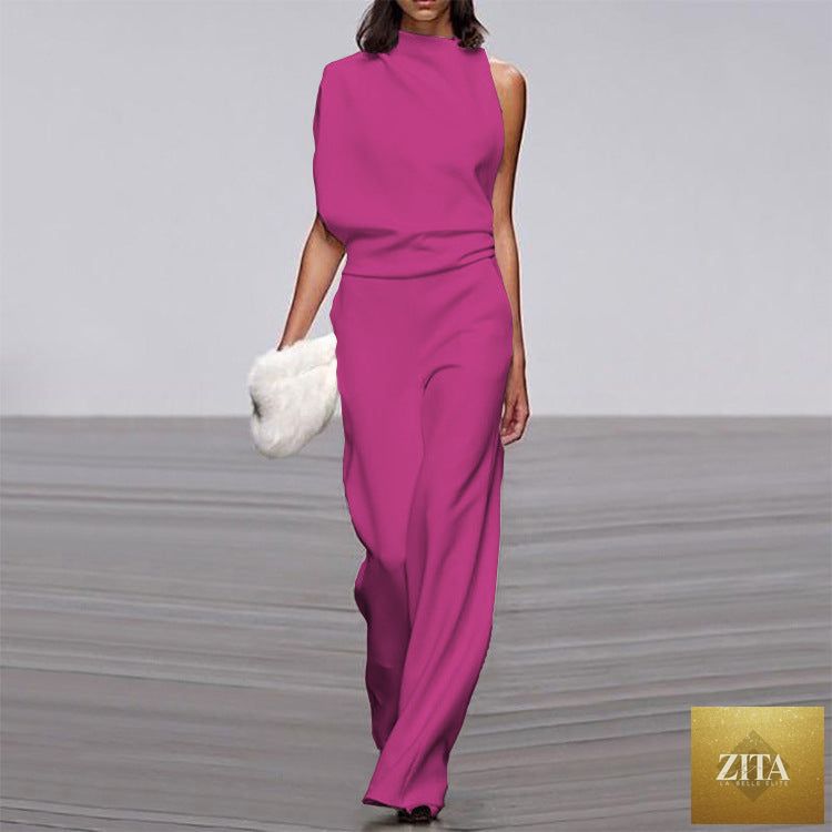 Solid color one-shoulder jumpsuit with a pile collar, featuring a stylish asymmetric design and elegant fit.