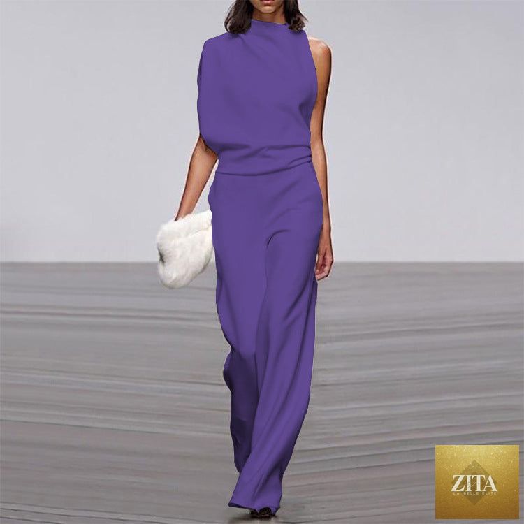 Solid color one-shoulder pile collar jumpsuit by LadyShow.Store, featuring a sleek design and stylish asymmetric shoulder detail.