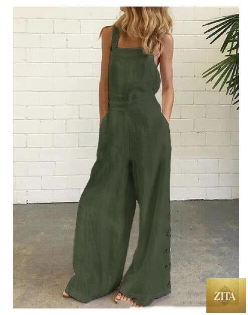 FitiqueFit high-waisted sleeveless wide-leg jumpsuit in various colors, casualwear for S to 2XL size, displayed on a model.