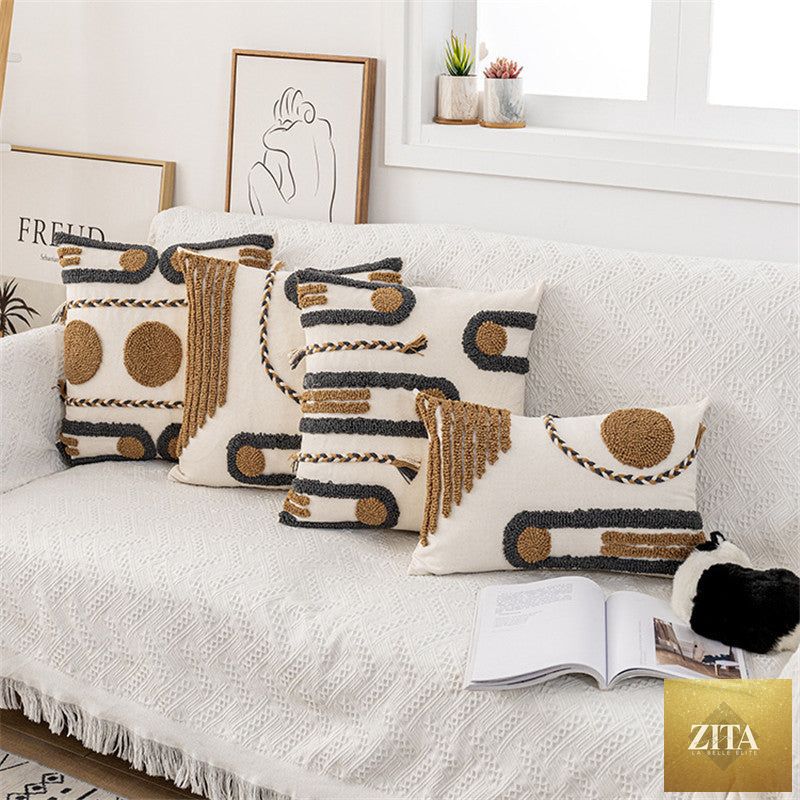 Indian hand-tufted cushion cover with ethnic braid loop velvet design for decorative throw pillow.