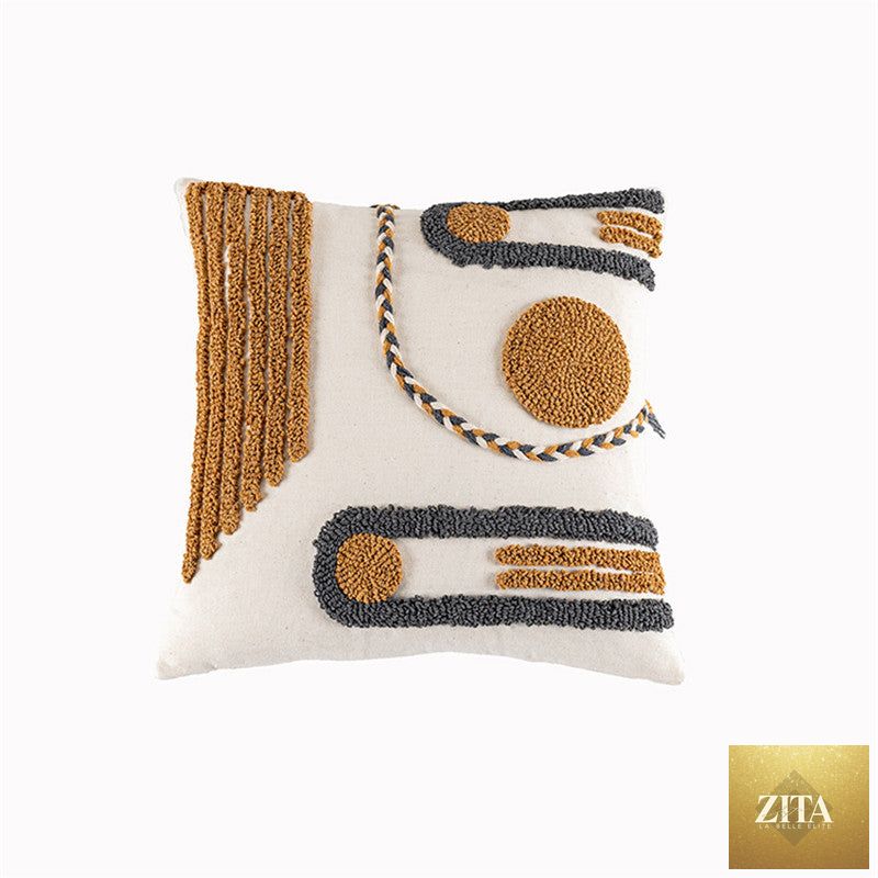 Indian hand-tufted cushion cover with ethnic braid loop velvet design, decorative throw pillow for living room or bedroom decor