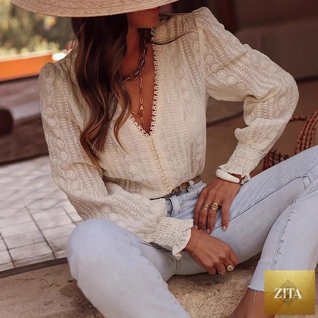 Elegant long-sleeve V-neck lace-patchwork shirt with a commuter style, featuring a fashionable design in neutral tones.