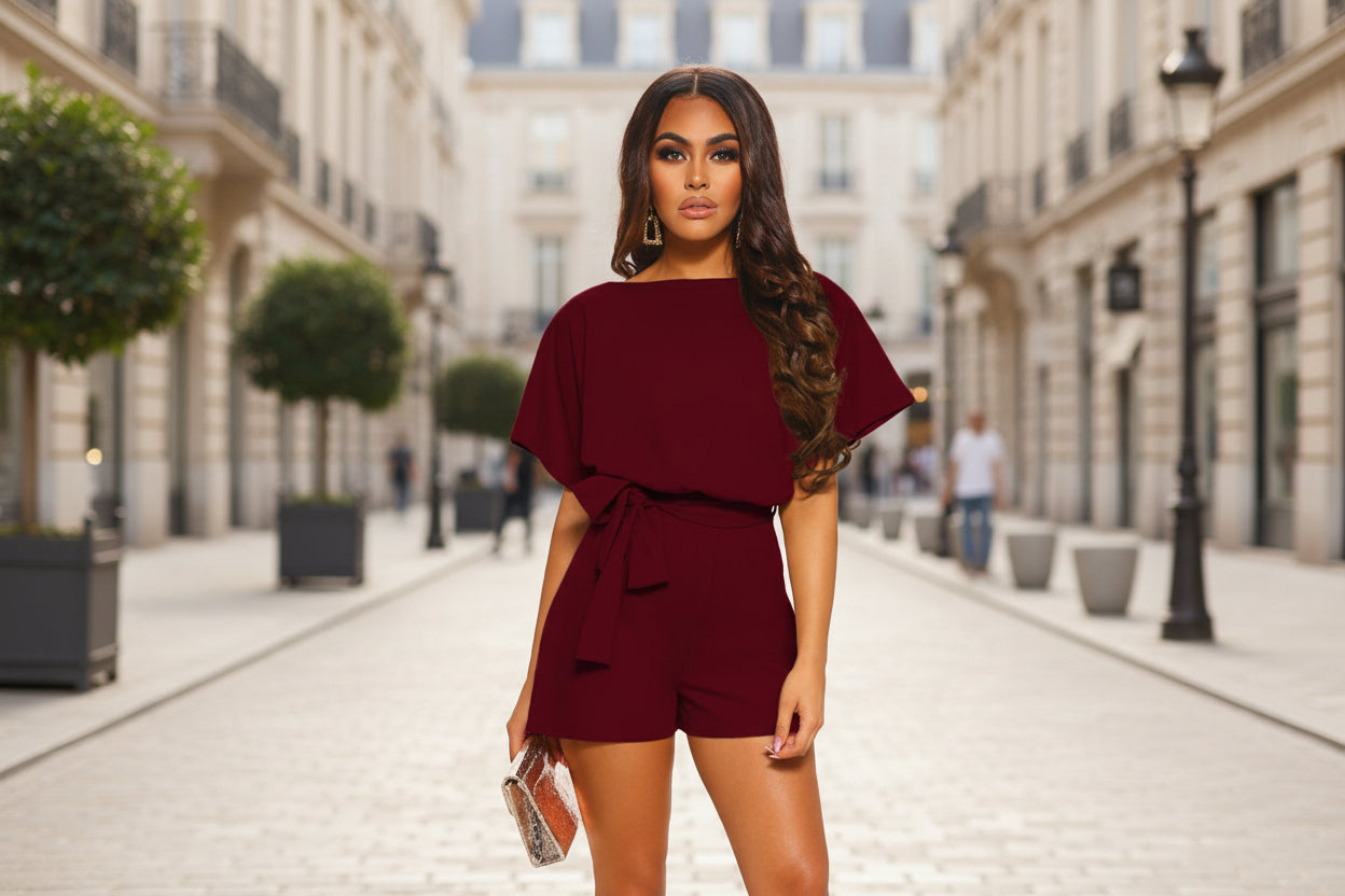 FitiqueFit belted short sleeve silk A-line mini jumpsuit in four colors, casualwear, available in sizes S to 5XL.