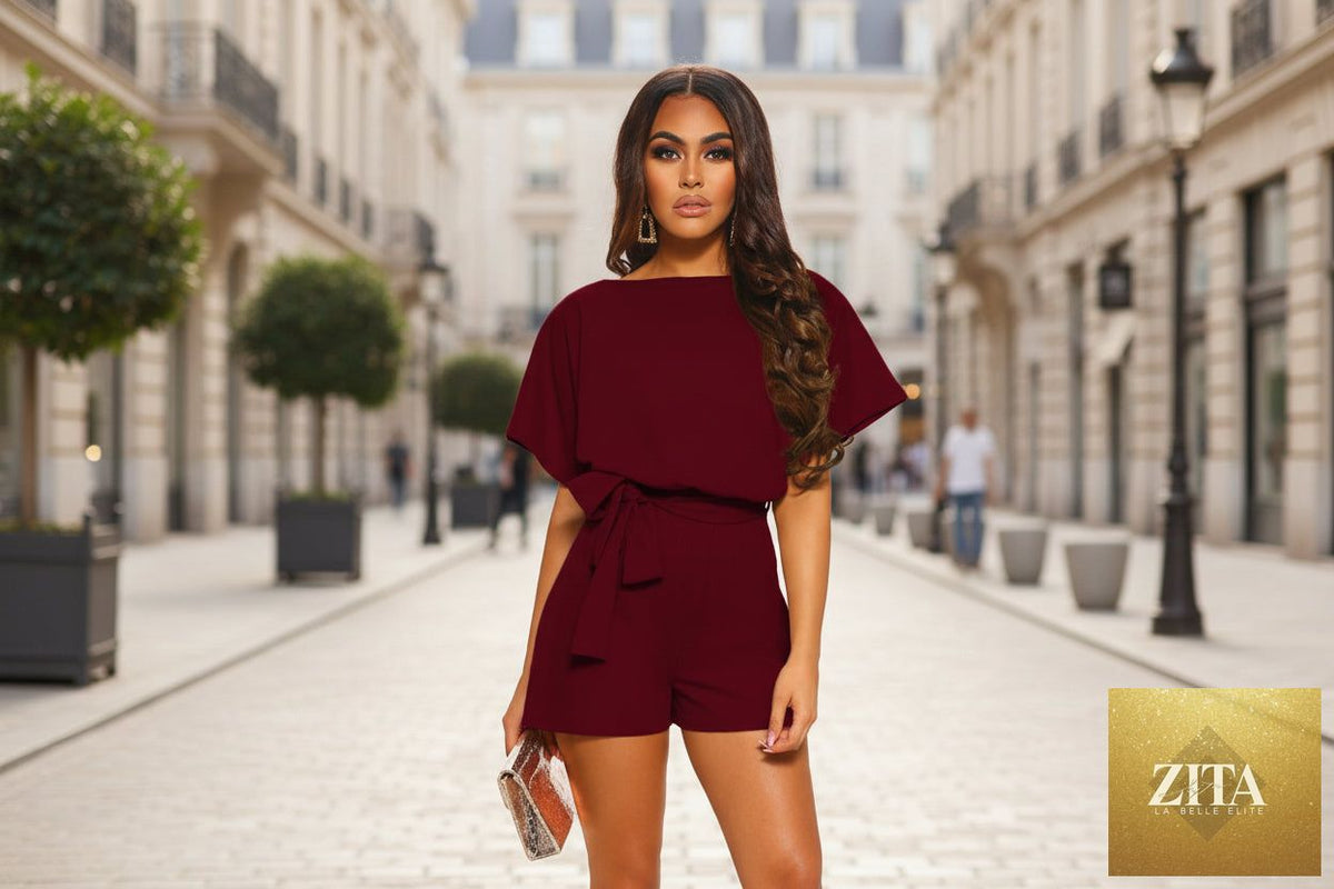 Zita La Belle Elite belted short sleeve silk A-line mini jumpsuit in four colors, casualwear, available in sizes S to 5XL.