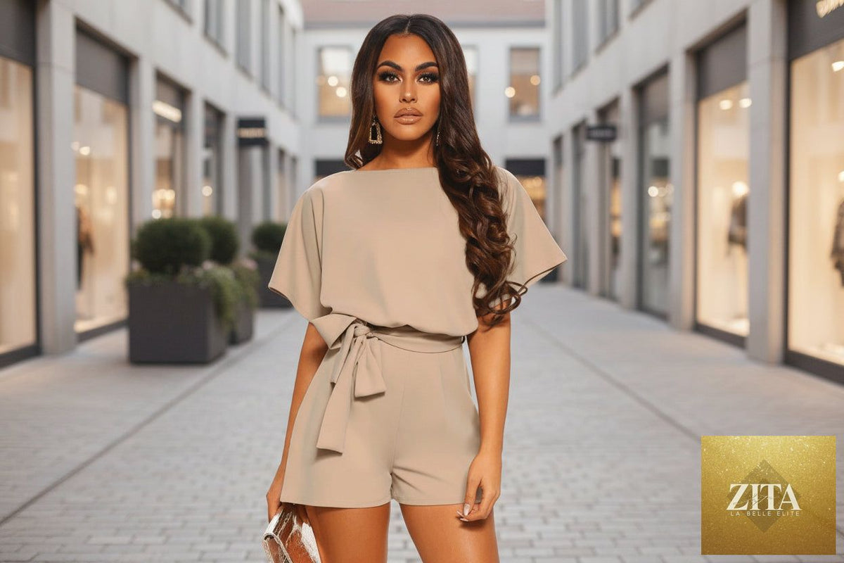 Zita La Belle Elite belted short sleeve silk A-line mini jumpsuit in four colors, available in sizes S to 5XL, casualwear.