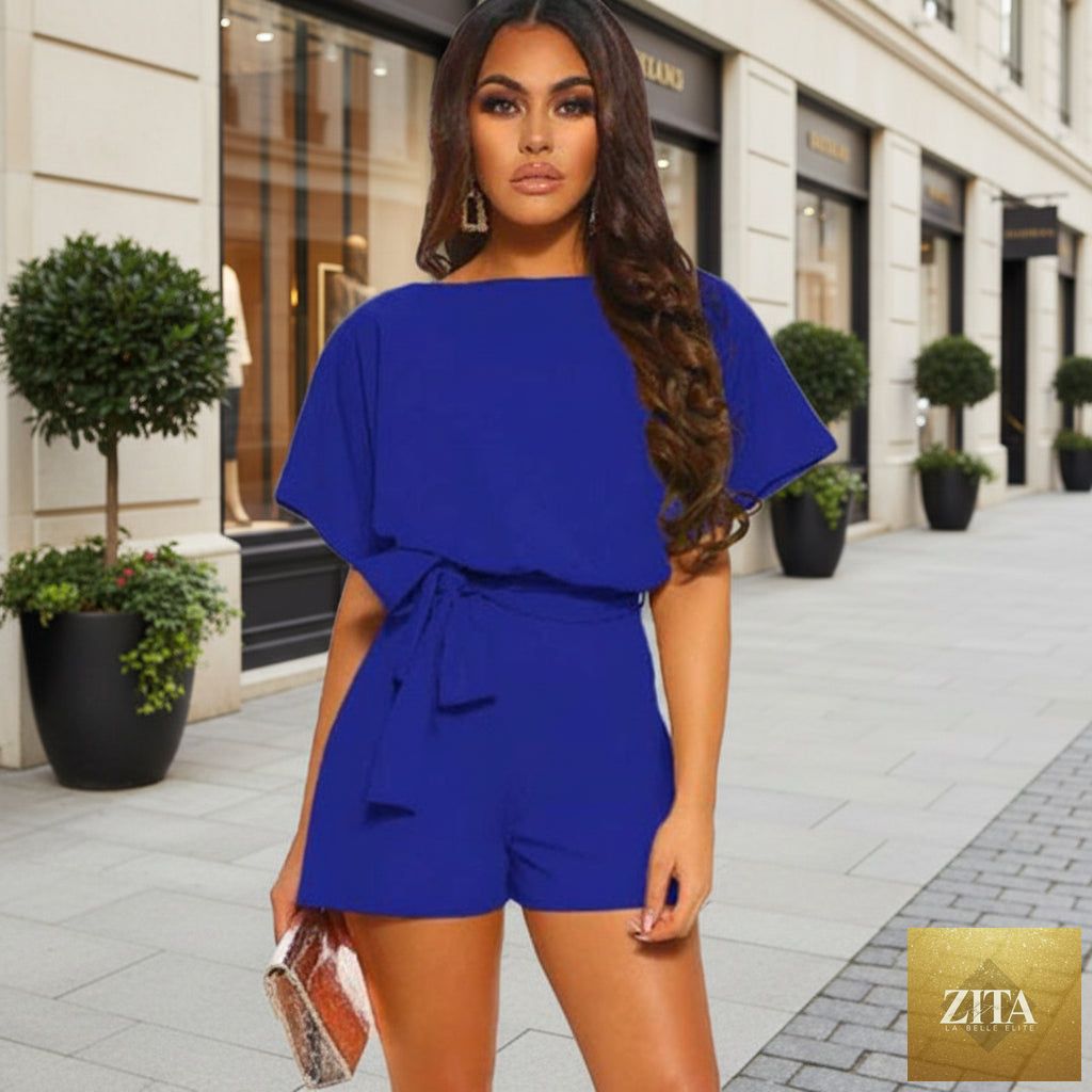 Zita La Belle Elite belted short sleeve silk A-line mini jumpsuit in four colors, casualwear, available in sizes S to 5XL.