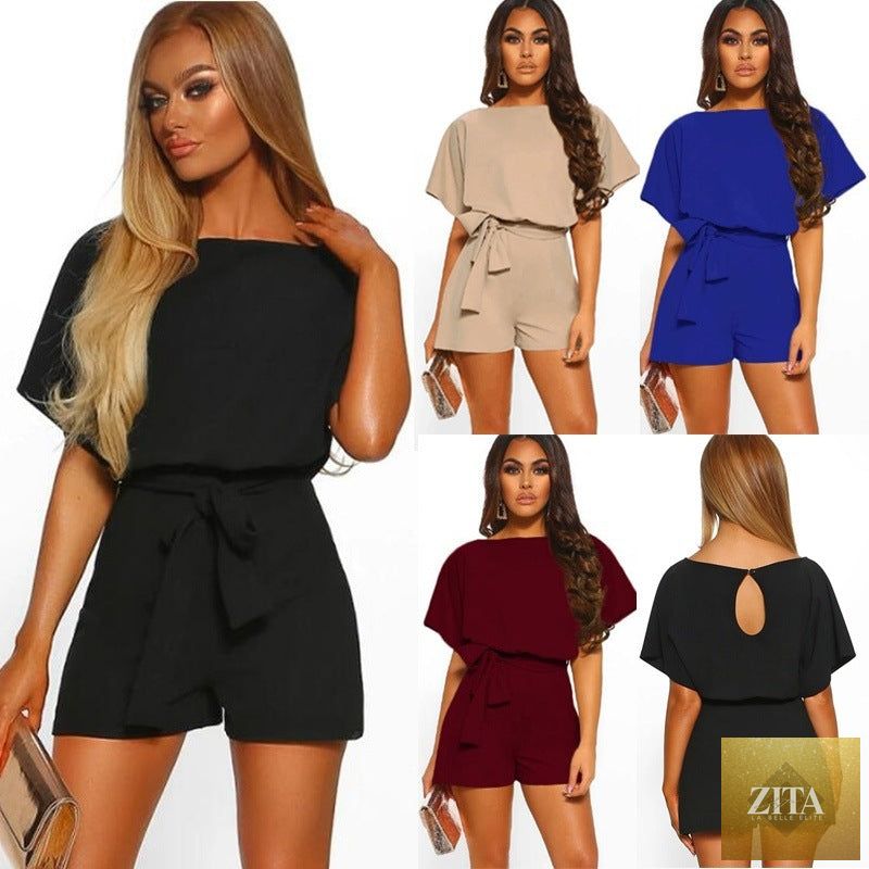Zita La Belle Elite belted short sleeve silk A-line mini jumpsuit in four colors, casualwear, available in sizes S to 5XL.