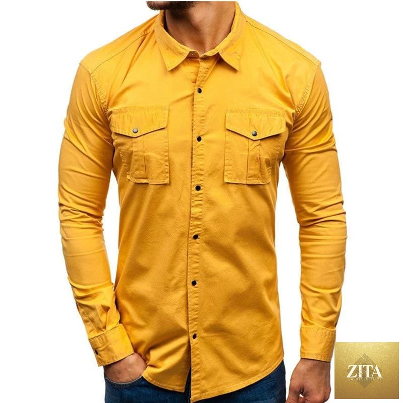 Mandotos men's autumn winter long sleeve cotton blouse shirt, casual style, beige color, front button closure and classic collar.