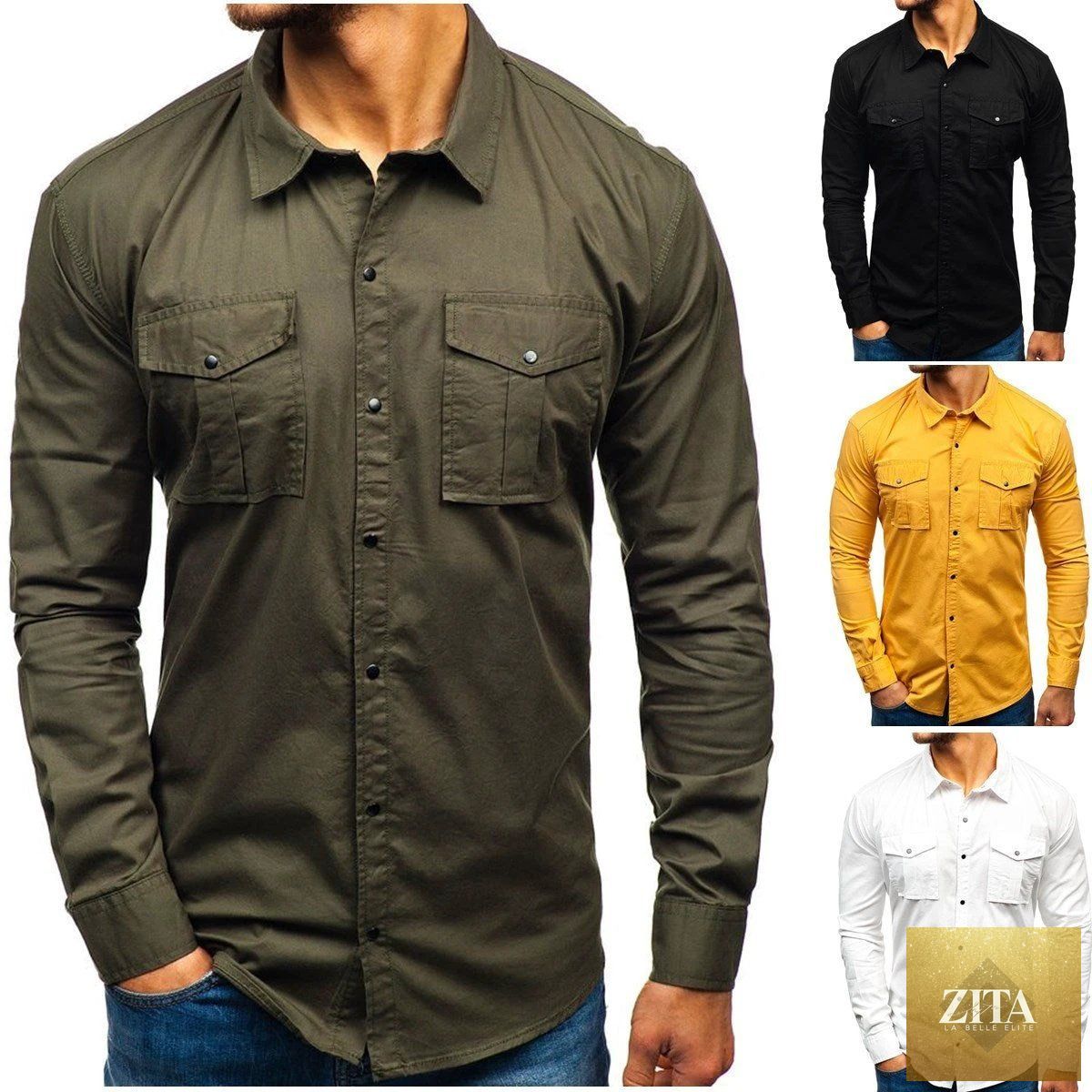 Men's autumn winter long sleeve cotton blouse shirt by MANDOTOS, shown in a natural fabric and classic design.