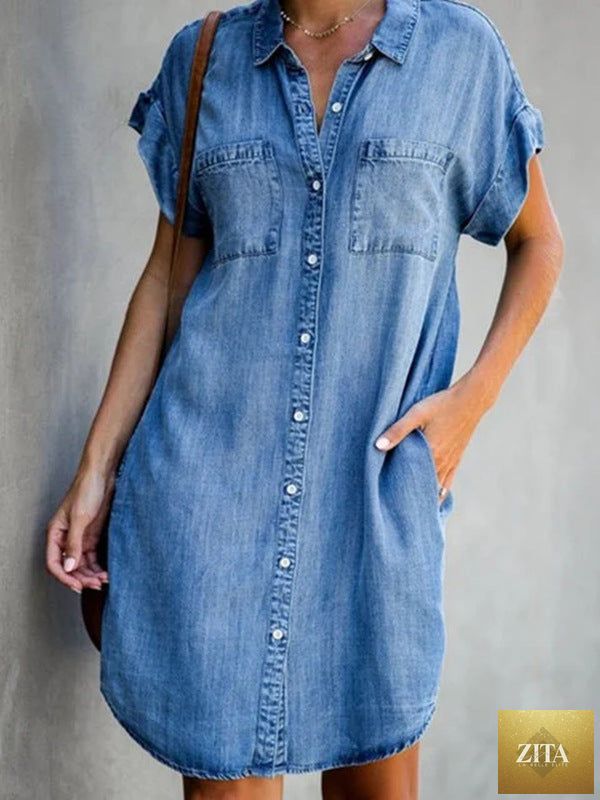 Zita La Belle Elite denim midi dress with short sleeves, square neckline, slim fit, perfect for street style fashion.