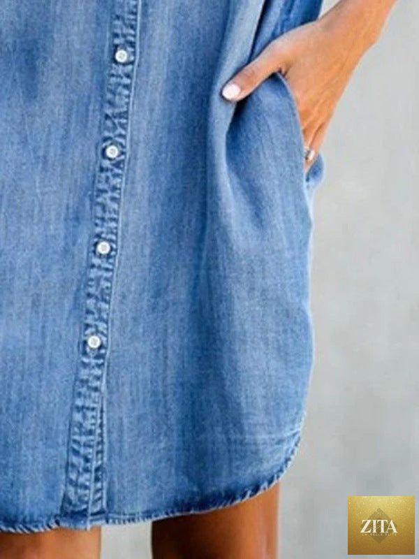 Zita La Belle Elite denim midi dress with short sleeves, square neckline, slim fit, street style design, casual fashion.