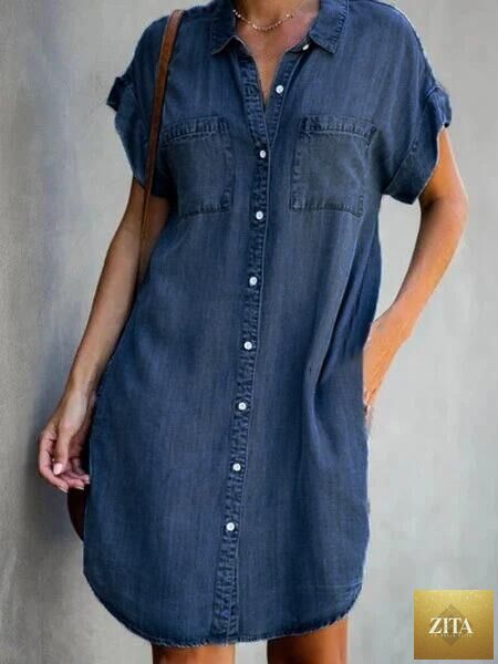 Zita La Belle Elite denim midi dress with short sleeves and square neckline, slim fit street style fashion.
