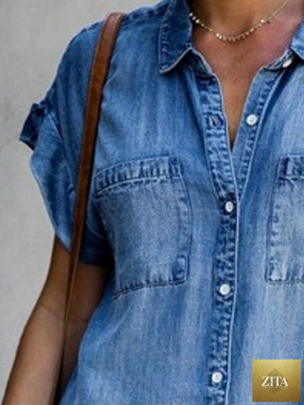 Zita La Belle Elite denim midi dress with short sleeves, square neckline, slim fit, perfect for street style fashion.