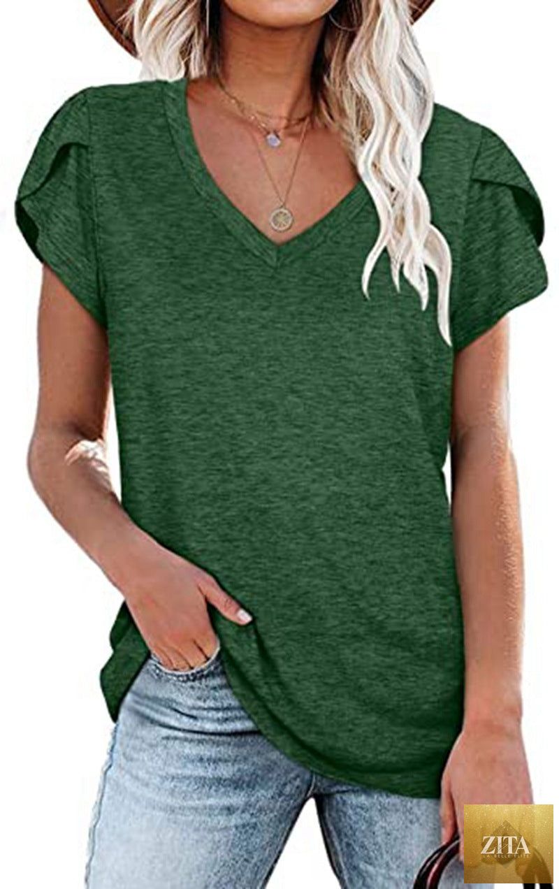 Women's V-neck petal sleeve summer T-shirt by Zita La Belle Elite, casualwear, lightweight, breathable fabric, elegant and breezy style.