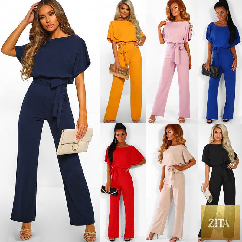 LadyShow.Store women's short-sleeve body suit with straight-leg design, featuring a strap detail and sleek clubwear style.