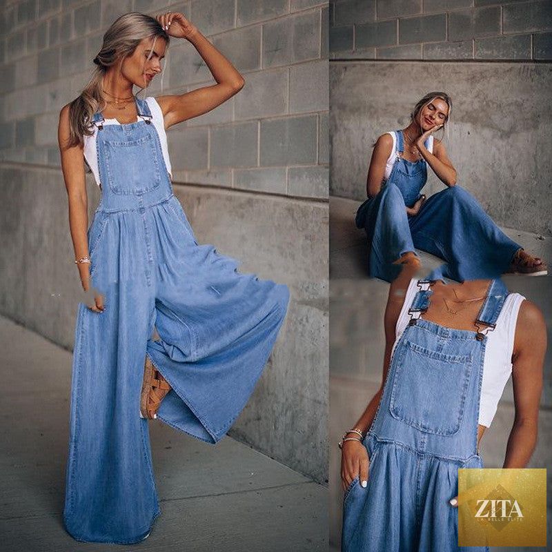 Women’s wide leg denim overalls by FitiqueFit, casualwear with relaxed fit, featuring front pockets and adjustable straps.