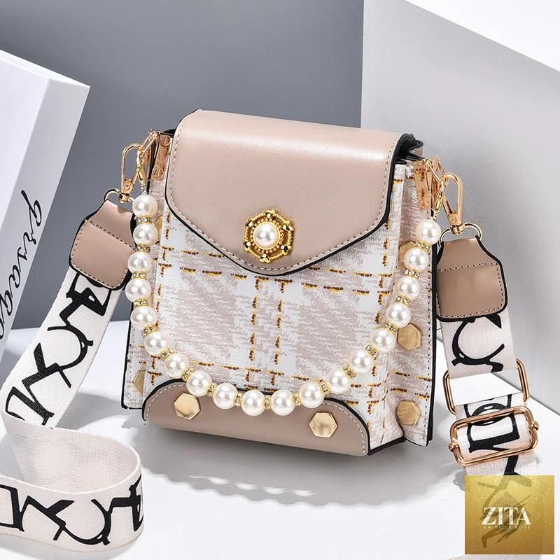 Mandotos women's crossbody bag with pearl chain, cute princess design, shoulder strap, perfect for summer phone and wallet storage.
