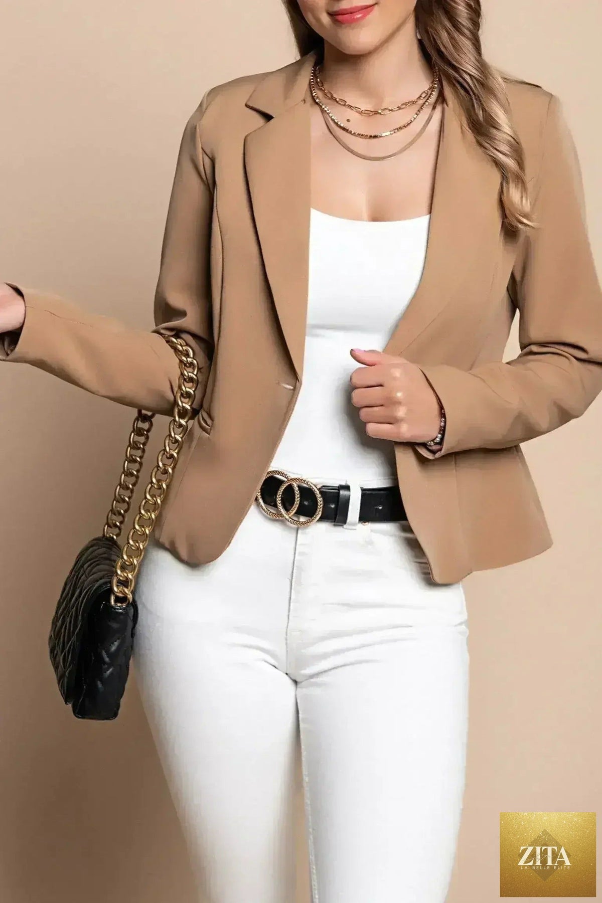 Femstylo Camel Softina blazer with Italian tailored fit, featuring structured design and chic lapels on a neutral-colored blazer.