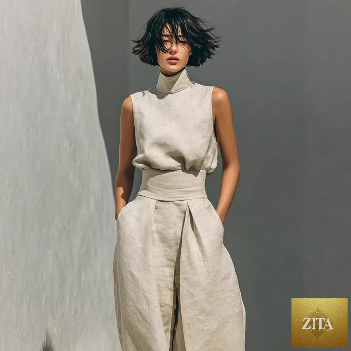 Women’s cotton linen two-piece casualwear set by Zita La Belle Elite with sleeveless top and wide-leg pants, light and breathable fabric.