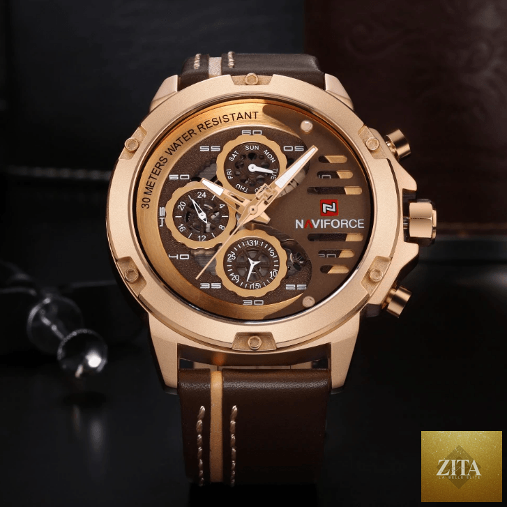 Men's Stevvex waterproof sports watch with leather belt, chronometers, and multifunction design, showing a sleek, modern wristwatch.