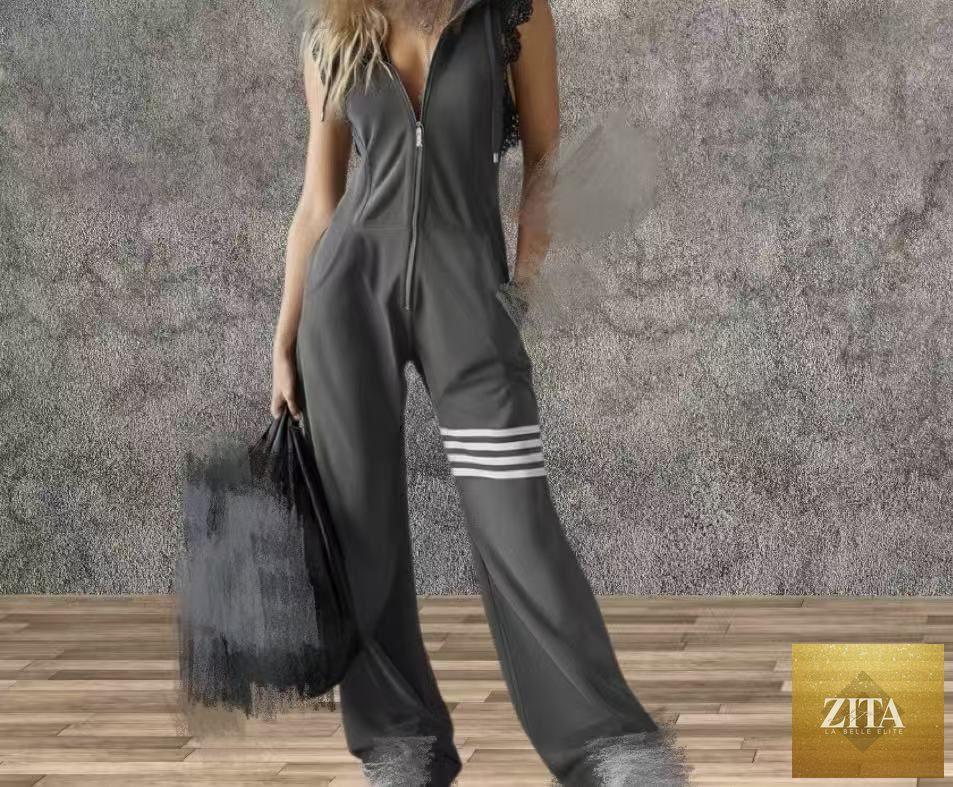 Women's sporty retro lace-up sleeveless hooded jumpsuit with striped pattern and wide flare legs by Zita La Belle Elite.