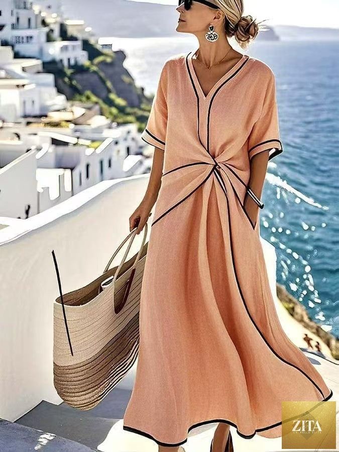 Zita La Belle Elite striped print maxi dress with short sleeves, perfect for beach vacation and summer wear.