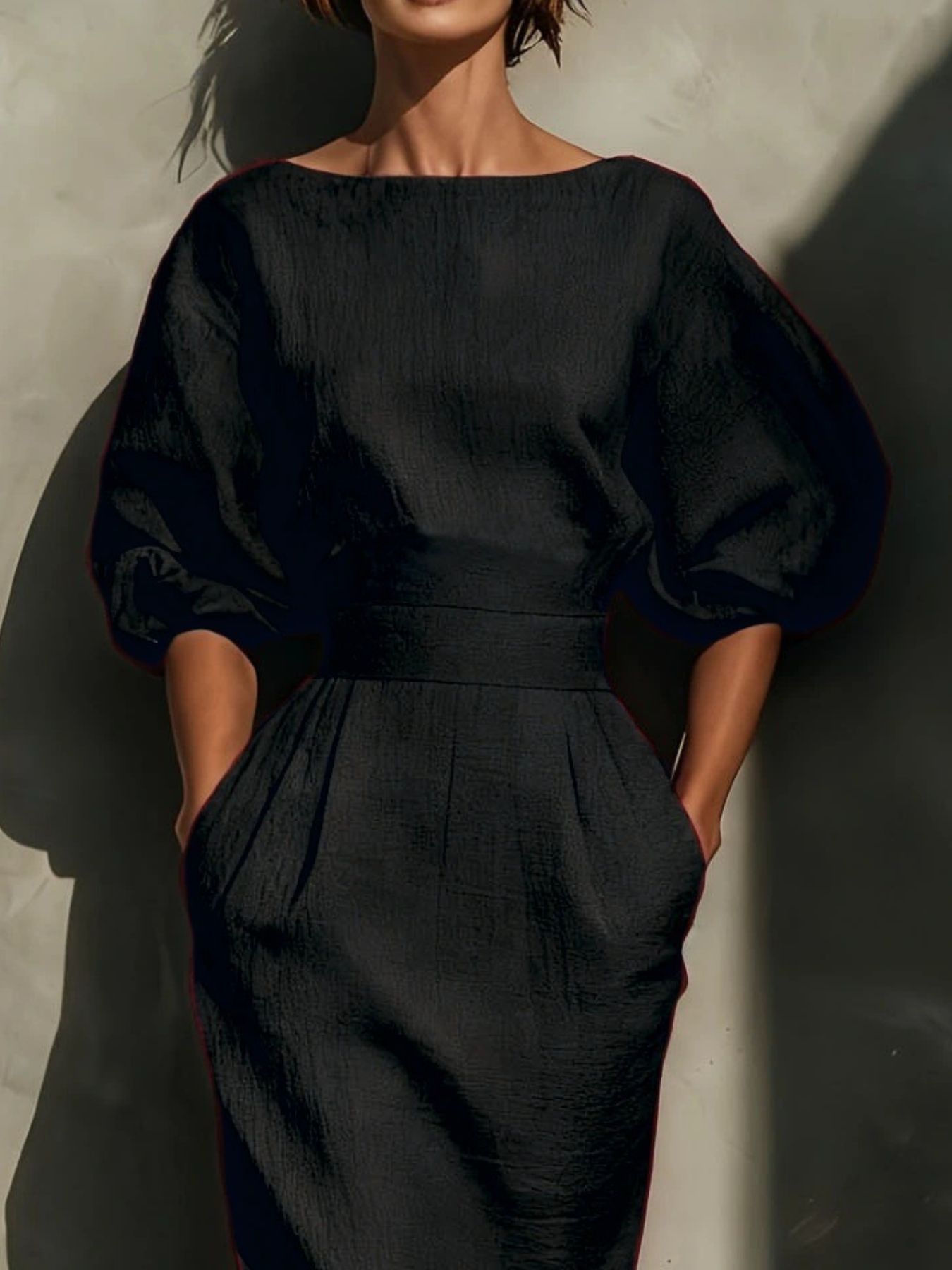 Shopiebay round neck puff sleeves midi dress featuring a fitted bodice, flared skirt, and elegant design in soft fabric.