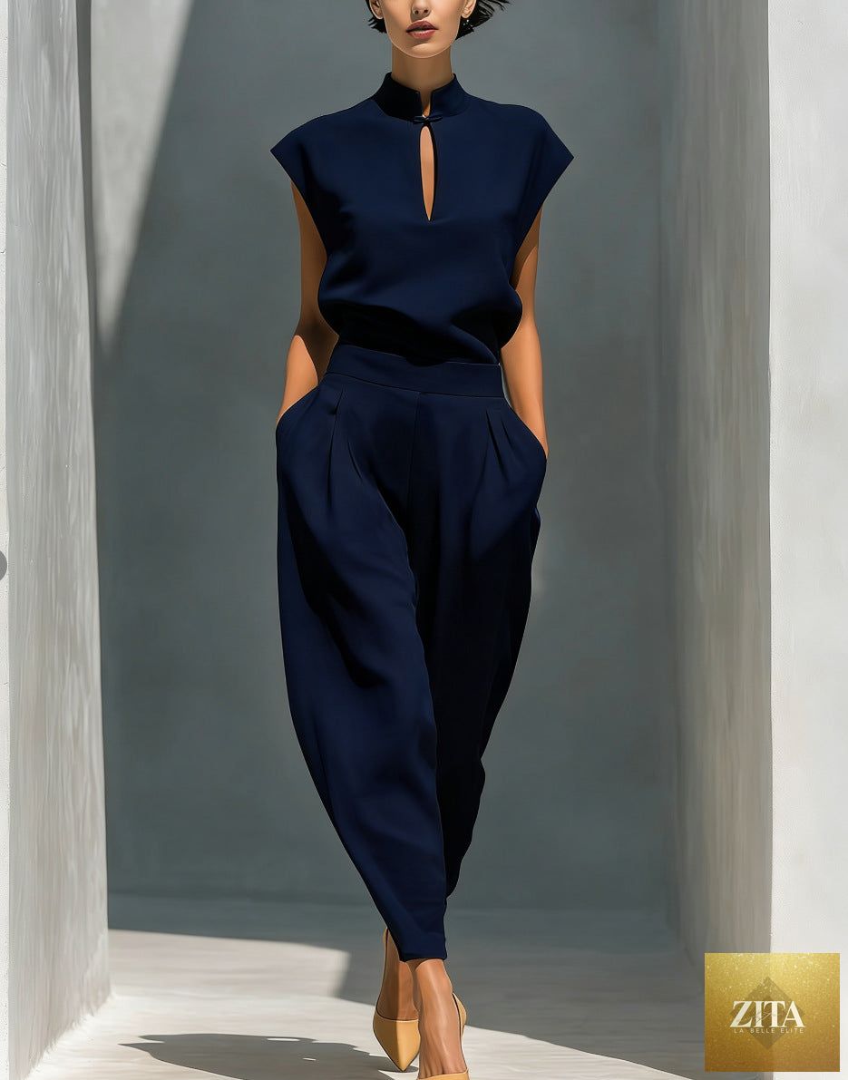 Zita La Belle Elite women's Chinese-style satin short-sleeve top and pants casualwear set, featuring elegant silk fabric and traditional design.