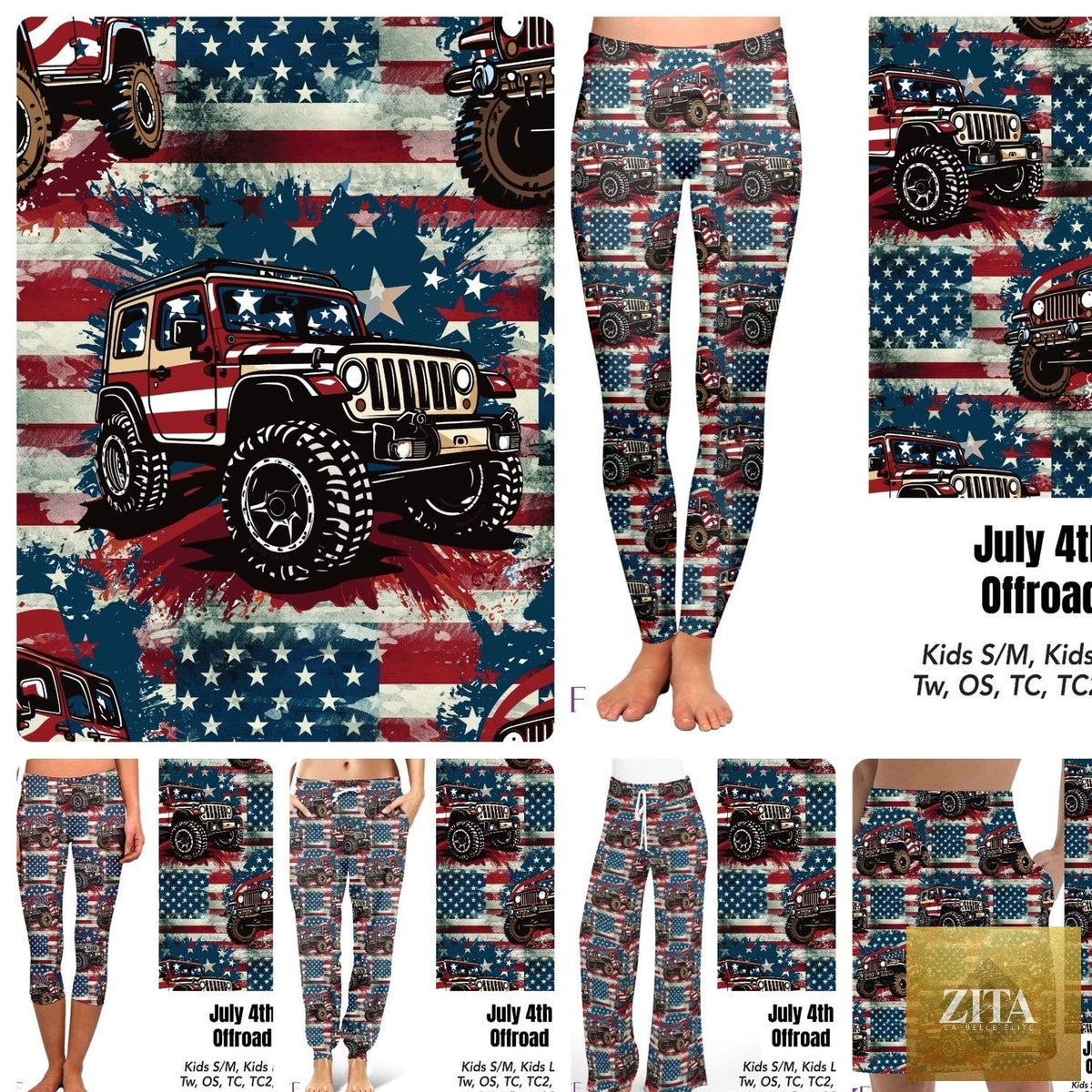 All-over print July 4th offroad leggings and capris with pockets by Zita La Belle Elite, featuring patriotic red, white, and blue design.