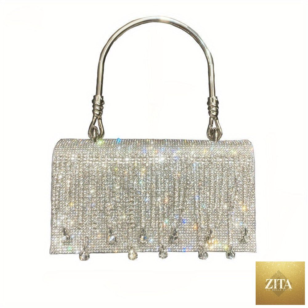 Shomicoboutique rhinestone designer chain clutch bag with star and diamond accents, perfect for elegant evening events and parties.