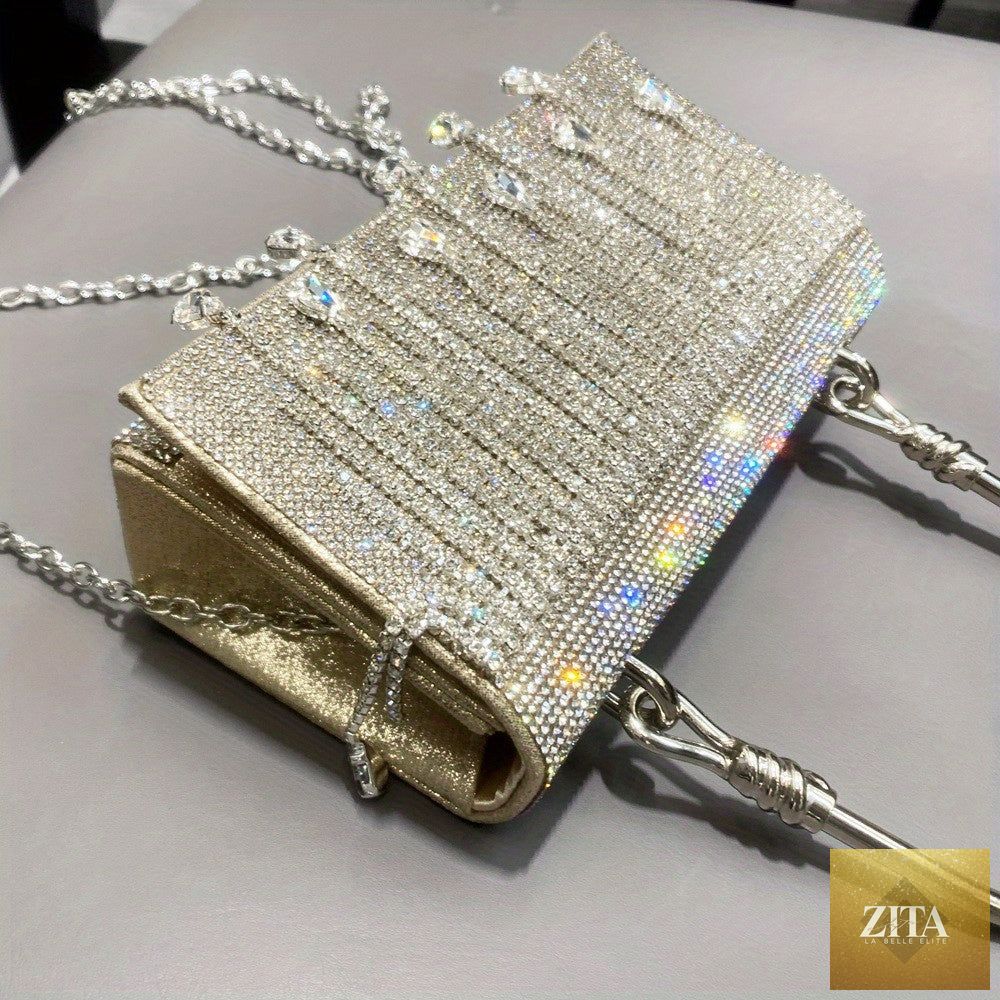 Shomicoboutique rhinestone designer chain bag with star diamond accents, evening clutch purse for women, luxury hollow design.